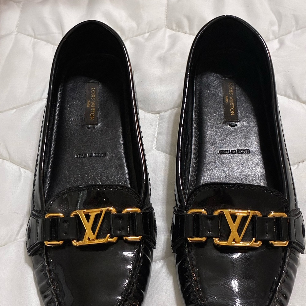 Louis Vuitton Black Patent Leather Loafers with Gold Accents